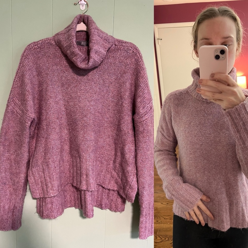 MARLED Wool Blend Fuzzy Cozy Turtleneck Knit Sweater Mauve High Low Heml…